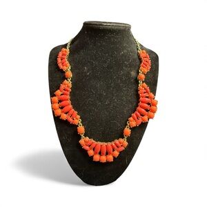 J.Crew Coral Statement Bib Necklace – Gold Tone Cluster Marquise Resin Stones